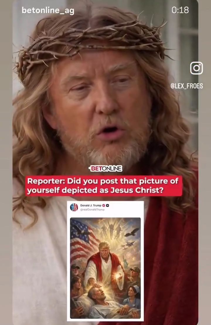 [서울=뉴시스] 도널드 트럼프 미국 대통령이 자신을 예수에 빗댄 인공지능(AI) 합성 사진을 트루스소셜에 업로드했다가 삭제한 가운데, SNS에서는 관련 밈(meme)이 확산하고 있다. (사진=인스타그램 @betonline_ag) *재판매 및 DB 금지