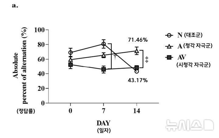 [서울=뉴시스] 아무런 자극을 받지 않은 N(대조군)의 정답률은 43.17%로 낮아진 반면, 청각 자극을 받은 그룹 A는 71.46%까지 상승했다. (사진= 한림대춘천성심병원 제공)