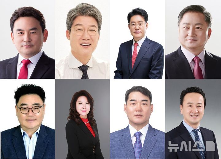 [포항=뉴시스] 안병철 기자 = (사진 상단 왼쪽부터) 김상일 예비후보, 김상백 예비후보, 박정호 예비후보, 이동업 예비후보, (사진 하단 왼쪽부터) 주해남 예비후보, 임영숙 예비후보, 박성필 예비후보, 김상헌 예비후보. (사진=중앙선거관리위원회 제공) 2026.04.16. photo@newsis.com