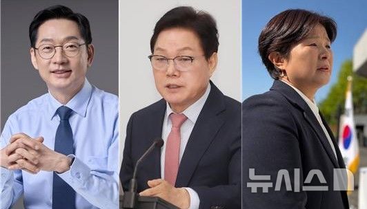 [창원=뉴시스]경남도지사 후보 3인. 왼쪽부터 더불어민주당 김경수, 국민의힘 박완수, 진보당 전희영 후보.