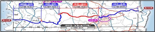 [안동=뉴시스] 동서 3축 고속도로 구간별 개통 현황 (그래픽=경북도 제공) 2026.04.16. photo@newsis.com *재판매 및 DB 금지