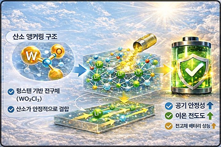 [대전=뉴시스] 카이스트(KAIST)가 국내 대학과 공동연구를 통해 공기에 약하고 성능이 낮았던 고체 전해질의 한계를 해결할 새로운 설계원리를 제시했다.연구 모식도.(사진=카이스트 제공) *재판매 및 DB 금지