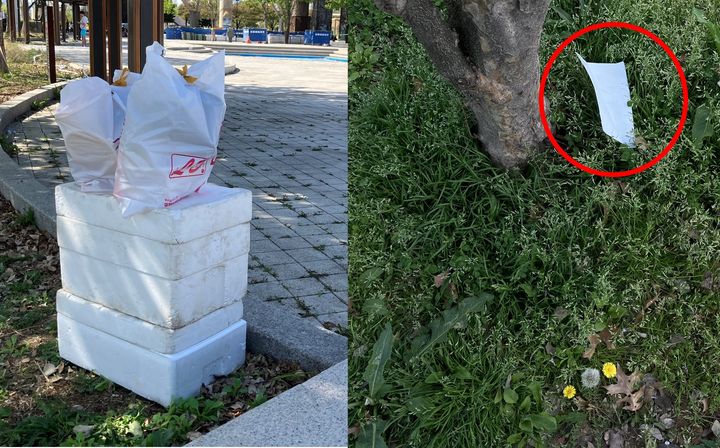 [서울=뉴시스] 김수빈 인턴기자=뚝섬한강공원 벤치에 쌓인 스티로폼 박스와 배달 일회용기로 가득 찬 봉투, 민들레 옆 전단의 모습. 2026.04.16. *재판매 및 DB 금지