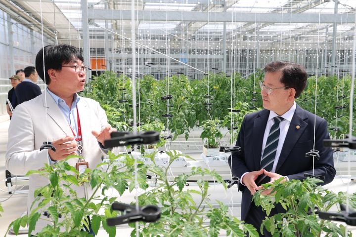 [서울=뉴시스] 이승돈(오른쪽) 농촌진흥청장이 16일 강원도 평창군 한국과학기술연구원 강릉분원 횡계 AI 실증온실을 방문해 연구시설을 점검하고 스마트농업 기술 협력 방안을 논의하고 있다. (사진=농촌진흥청 제공) 2026.04.16. photo@newsis.com *재판매 및 DB 금지