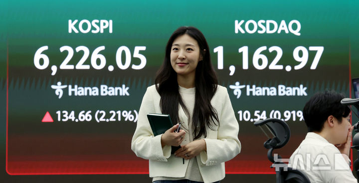 [서울=뉴시스] 김진아 기자 = 코스피가 미국과 이란의 종전 재협상 기대에 6200선을 회복한 16일 서울 중구 하나은행 딜링룸에서 딜러들이 업무를 보고 있다. 코스피는 전 거래일(6091.39)보다 134.66포인트(2.21%) 상승한 6226.05에, 코스닥 지수는 전 거래일(1152.43)보다 10.54포인트(0.91%) 오른 1162.97에 거래를 마쳤다. 2026.04.16. bluesoda@newsis.com