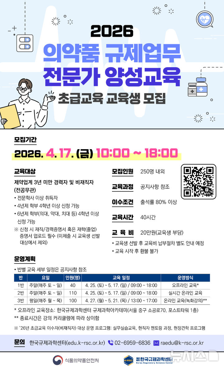 [서울=뉴시스] 한국규제과학센터가 실무 이해도와 현장 적응력 등을 높여 현장 맞춤형 인재를 양성하기 위해 '의약품 규제업무(RA) 전문가 양성 교육' 개편에 나섰다. (사진=한국규제과학센터 제공) 2026.04.17. photo@newsis.com