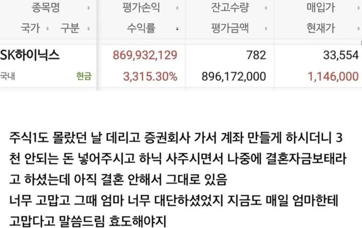 [서울=뉴시스] SK하이닉스 주식 투자로 큰 수익을 거둔 사연이 온라인 커뮤니티에서 화제가 되고 있다. (사진=온라인 커뮤니티 캡처) *재판매 및 DB 금지