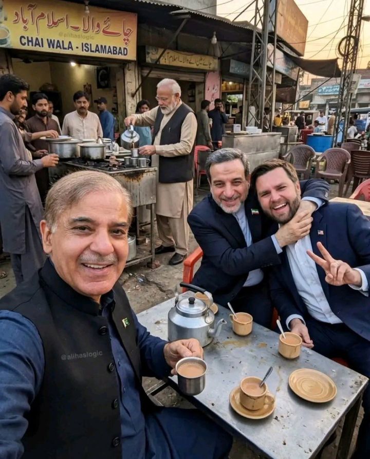 [서울=뉴시스]JD 밴스 미국 부통령과 아바스 아라그치 이란 외무장관, 셰바즈 샤리프 파키스탄 총리가 함께 차이티를 마시는 모습의 AI 생성 이미지. (사진출처: X @faisalkapadia)2026.04.17.