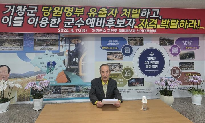 (사진=독자 제공) 국민의힘 거창군수 구인모 예비후보 선거대책본부는 17일 거창읍 소재 선거사무소에서 ‘국민의힘 거창군수 후보 경선’ 과정에서 발생한 당원명부 유출 관련, 기자회견을 가졌다.2026.04. 17. photo@newsis.com *재판매 및 DB 금지 *재판매 및 DB 금지