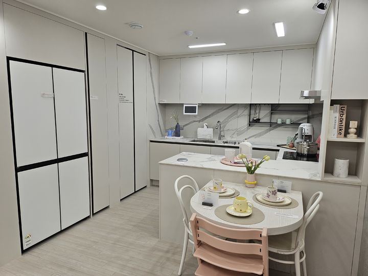 [서울=뉴시스] 김여림 인턴기자=도시형 생활주택 전용면적 59㎡ B타입의 주방 모습이다. 마감재와 가전·가구 등이 무상옵션으로 제공된다. *재판매 및 DB 금지