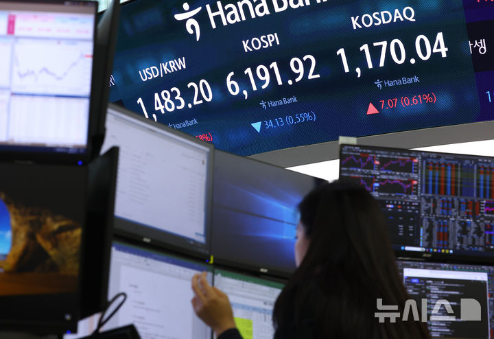 [서울=뉴시스] 황준선 기자 = 지난 17일 오후 서울 중구 하나은행 딜링룸 전광판에 지수가 표시돼 있다. 2026.04.17. hwang@newsis.com