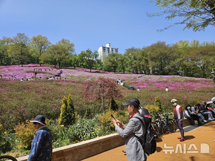 [군포=뉴시스] 박석희 기자 = 현장을 찾은 상춘객들이 연신 카메라 셔터를 누르고 있다. 2026.04.18. phe@newsis.com