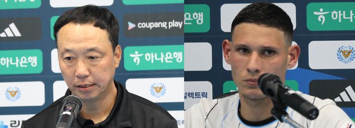 [대구=뉴시스] 최영민 기자 = 천안시티FC 박진섭 감독과 외국인 선수 사르자니. 2026.04.18 ymchoi@newsis.com *재판매 및 DB 금지