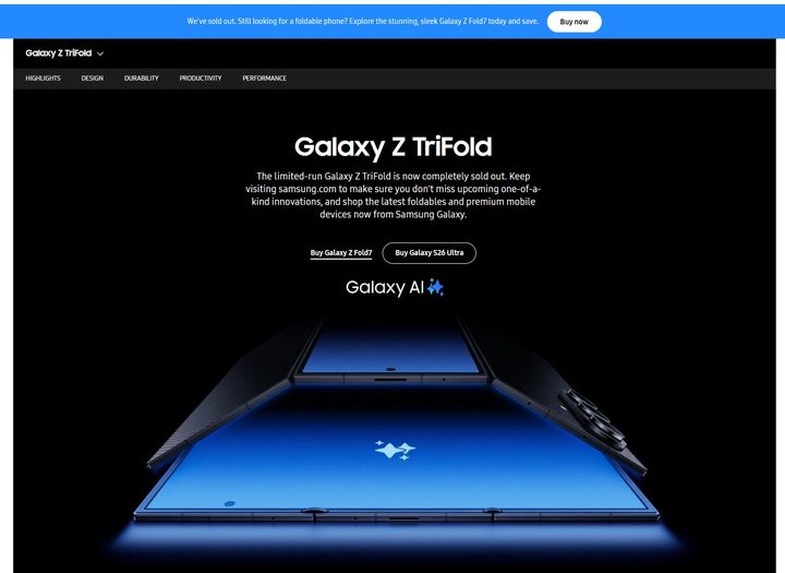 [서울=뉴시스] 18일(현지 시간) 업계에 따르면 전날 미국 삼성닷컴(삼성 공식 온라인 스토어) 제품 구매 페이지에 "'갤럭시 Z 트라이폴드'가 완전히 매진됐다"는 안내 문구가 게재됐다. 2026.04.19. (사진=삼성닷컴 미국 홈페이지 캡처) *재판매 및 DB 금지