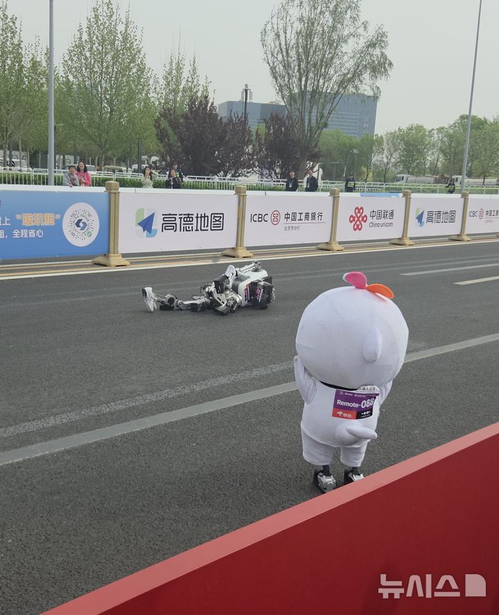 [베이징=뉴시스]박정규 특파원 = 19일 중국 베이징 이좡에서 열린 하프마라톤에서 돌고래 모양의 휴머노이드 로봇 너머로 달리던 한 휴머노이드 로봇이 넘어져 있다.. 2026.04.19. pjk76@newsis.com