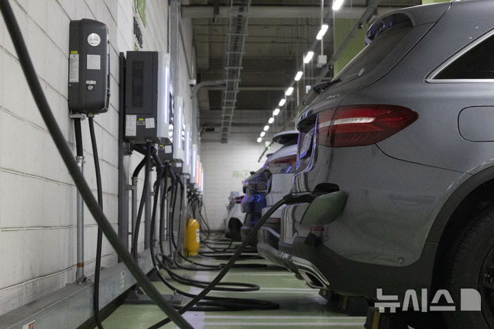 [서울=뉴시스] 김근수 기자 = 지난 19일 오후 서울 시내의 한 전기차 충전소에서 전기차량들이 충전을 하고 있다. photo@newsis.com