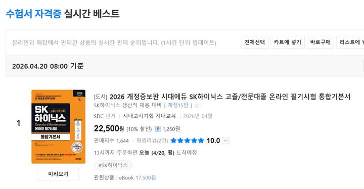 [서울=뉴시스] SK하이닉스가 생산직 공개 채용에 나선 가운데, 관련 수험서가 온라인 서점 실시간 베스트셀러 1위에 오른 모습이다. (사진=예스24 홈페이지 캡처) *재판매 및 DB 금지