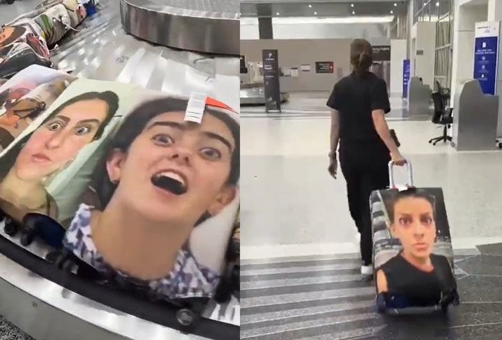 [서울=뉴시스] 여행가방 분실·절도를 막고 수하물 대기 시간을 덜 지루하게 보내기 위해 웃긴 얼굴 사진을 인쇄한 커버를 씌우는 유행이 확산되고 있다. (사진=X 갈무리) *재판매 및 DB 금지