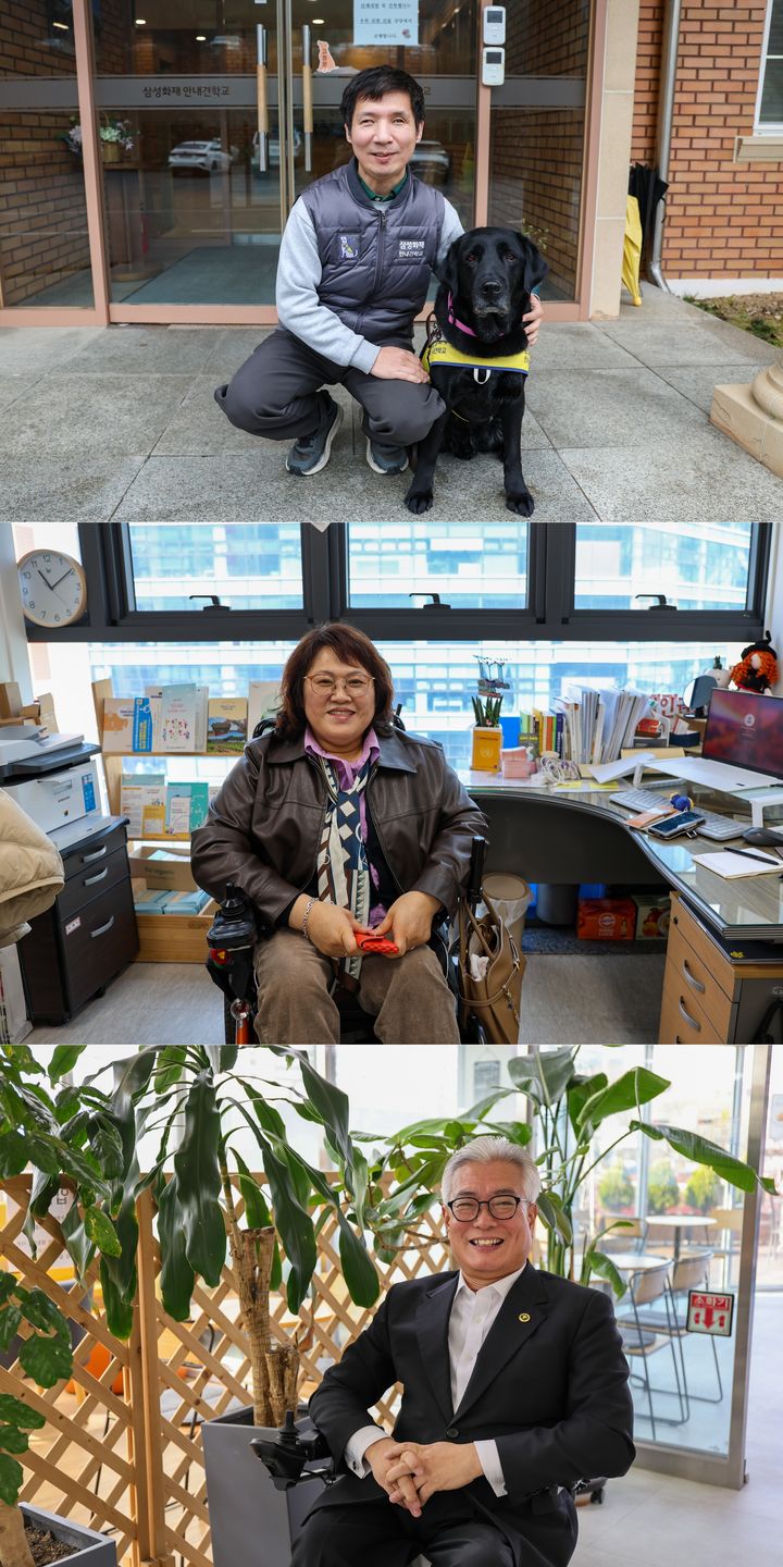 [세종=뉴시스]2026년 올해의 장애인상에 선정된 (왼쪽부터) 유석종(시각장애) 삼성화재안내견학교 프로, 이경희(지체·청각장애) 화성시장애인누릴인권센터 센터장, 정원석(지체장애) 한국장애인녹색재단 회장. (사진=한국장애인개발원 제공) 2026.04.20. photo@newsis.com *재판매 및 DB 금지