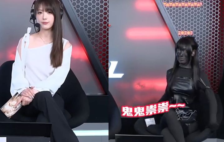 [서울=뉴시스] 중국의 한 온라인 게임 해설자가 의상 노출 논란에 휩싸인 뒤 온몸을 검게 칠한 채 방송에 등장해 누리꾼들의 이목을 끌었다. (사진=더우인 갈무리) *재판매 및 DB 금지