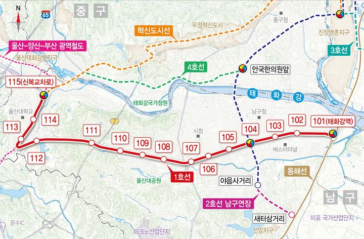 [울산=뉴시스] 울산시는 도시철도 1호선 건설 사업자로 ‘한신공영(주) 연합체(컨소시엄)’를 선정하고 본격적인 공사에 들어간다고 21일 밝혔다. 사진은 노선도. (사진= 울산시 제공) 2026.04.21.photo@newsis.com *재판매 및 DB 금지