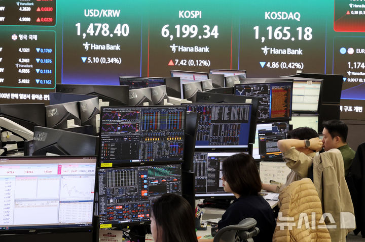 [서울=뉴시스] 박주성 기자 = 20일 오전 서울 중구 하나은행 딜링룸에서 딜러들이 업무를 하고 있다.코스피는 전 거래일(6191.92)보다 22.00포인트(0.36%) 상승한 6213.92에 개장했고 코스닥 지수는 전 거래일(1170.04)보다 2.94포인트(0.25%) 내린 1167.10에 거래를 시작했다. 서울 외환시장에서 원·달러 환율은 전 거래일 주간거래 종가(1483.5원)보다 19.5원 오른 1479.5원에 출발했다. 2026.04.20. park7691@newsis.com