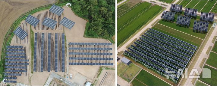 [광주=뉴시스] 파루의 완주(좌측)와 영암(우측)영농형 태양광 테스트베드( 사진=파루 제공)