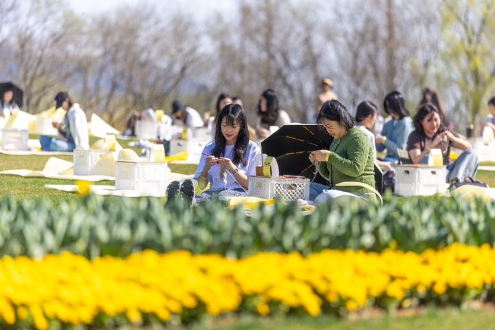[순천=뉴시스] 순천만국가정원에서 열린 '가든멍'행사에 참여한 관람객이 뜨게질 하고 있다. (사진=순천시 제공) 2026.04.21. photo@newsis.com *재판매 및 DB 금지