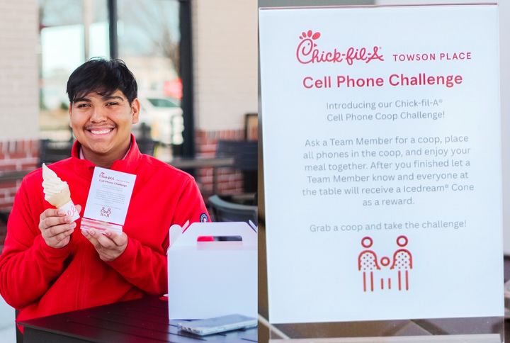[서울=뉴시스] 미국의 일부 레스토랑과 바에서 식사의 몰입도를 높이기 위해 손님들에게 휴대전화를 치우거나 보관하도록 요구하는 사례가 늘고 있다. (사진=칙필레 토슨점 페이스북 캡처) *재판매 및 DB 금지