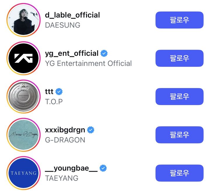 [서울=뉴시스] 빅뱅 인스타그램 팔로잉 목록. (사진 = 인스타그램 캡처) 2026.04.21 photo@newsis.com *재판매 및 DB 금지