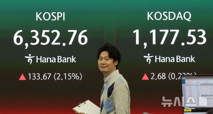 [서울=뉴시스] 권창회 기자 = 21일 오전 서울 중구 하나은행 딜링룸에서 딜러들이 업무를 보고 있다. 코스피가 전 거래일 대비 83.45포인트(1.34%) 상승한 6302.54에 출발했다. 원달러 환율은 4.8원 하락한 1472.4원으로, 코스닥지수는 11.38포인트(0.97%) 오른 1186.23에 거래를 시작했다. 2026.04.21. kch0523@newsis.com