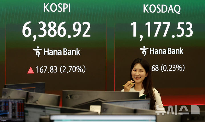 [서울=뉴시스] 이영환 기자 = 21일 오후 서울 중구 하나은행 딜링룸 전광판에 장중 코스피 지수가 6386.92를 나타내고 있다. 2026.04.21. 20hwan@newsis.com