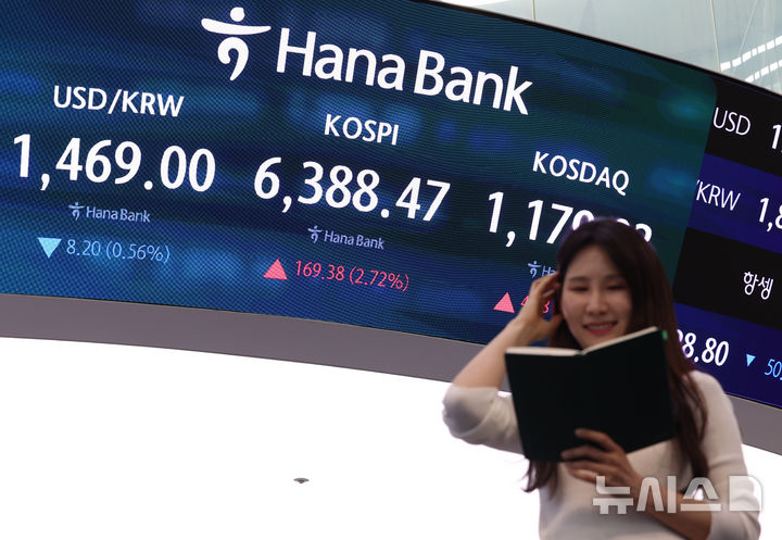 [서울=뉴시스] 이영환 기자 = 코스피가 전 거래일(6219.09)보다 169.38포인트(2.72%) 상승한 6388.47에 마감한 21일 오후 서울 중구 하나은행 딜링룸 전광판에 종가가 표시되어 있다.코스닥 지수는 전 거래일(1174.85)보다 4.18포인트(0.36%) 오른 1179.03, 서울 외환시장에서 원·달러 환율은 전 거래일(1477.2원)보다 8.7원 하락한 1468.5원에 주간 거래를 마감했다. 2026.04.21. 20hwan@newsis.com