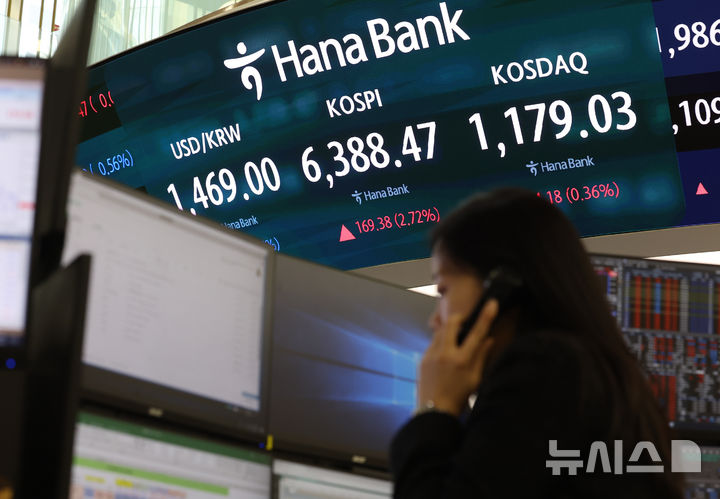 [서울=뉴시스] 이영환 기자 = 코스피가 전 거래일(6219.09)보다 169.38포인트(2.72%) 상승한 6388.47에 마감한 21일 오후 서울 중구 하나은행 딜링룸 전광판에 종가가 표시되어 있다.코스닥 지수는 전 거래일(1174.85)보다 4.18포인트(0.36%) 오른 1179.03, 서울 외환시장에서 원·달러 환율은 전 거래일(1477.2원)보다 8.7원 하락한 1468.5원에 주간 거래를 마감했다. 2026.04.21. 20hwan@newsis.com