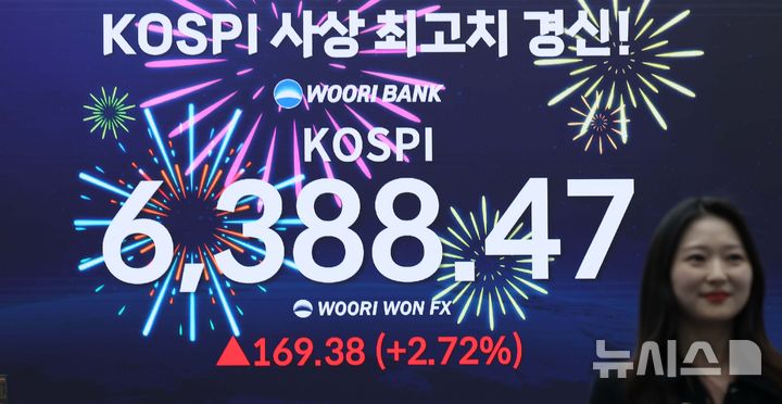 [서울=뉴시스] 조수정 기자 = 코스피가 전 거래일(6219.09)보다 169.38포인트(2.72%) 상승한 6388.47에 마감한 21일 오후 서울 중구 우리은행 딜링룸에서 전광판에 지수가 표시되고 있다.2026.04.21. chocrystal@newsis.com