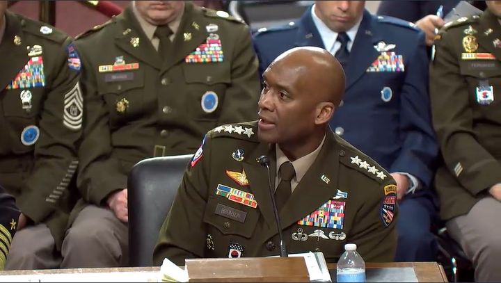 [워싱턴=뉴시스]제이비어 브런슨 주한미군사령관(한미연합사령관 및 유엔사령관 겸임)이 21일(현지 시간) 미 상원 군사위원회 청문회에서 질의에 답변하고 있다. (사진=미 상원 군사위 홈페이지 캡처). 2026.04.22. *재판매 및 DB 금지