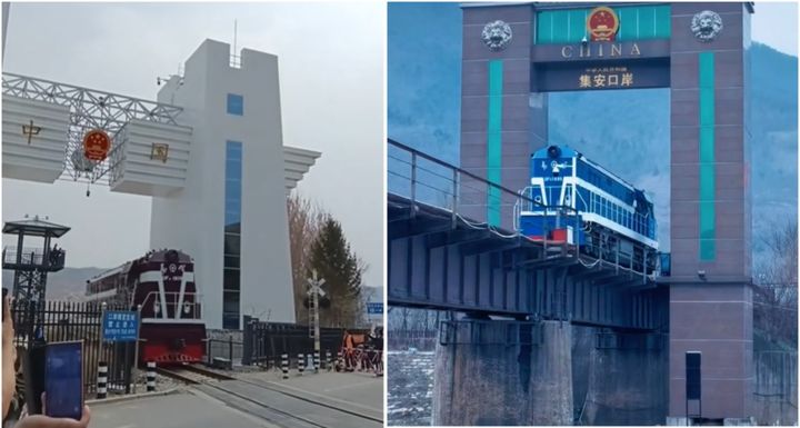 [서울=뉴시스]중국철도 기관차가 투먼을 거쳐 북한에서 중국으로 귀환하고 있으며(왼쪽), 또 다른 기관차는 지안을 통해 귀환하고 있다. (출처=더우인, NK 뉴스에서 재인용) 2026.4.22. *재판매 및 DB 금지