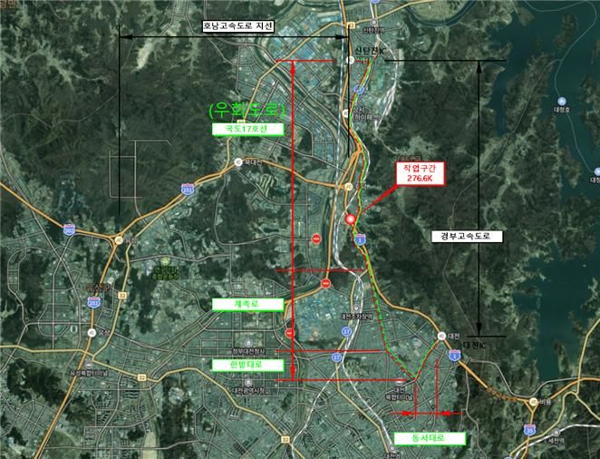 [대전=뉴시스] 경부고속도로 대전IC∼회덕JCT 부근 양방향 전면통제에 따른 우회도로.(사진=도로공사 대전충남본부 제공) *재판매 및 DB 금지