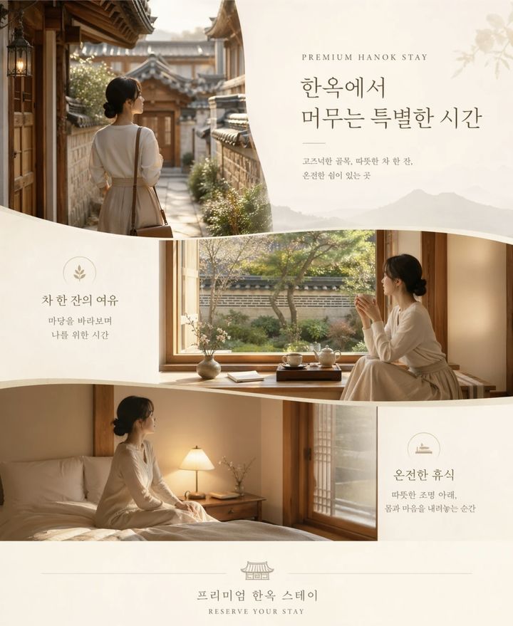 프리미엄 한옥 스테이 예약 유도용 카드 이미지, 고즈넉한 골목을 지나 체크인하는 순간, 마당이 보이는 창가에서 차를 마시는 순간, 따뜻한 조명 아래 객실에서 쉬는 순간의 3장면이 한 화면 안에서 자연스럽게 이어지는 구성, 같은 한국 여성이 반복 등장하며 우아하고 여유로운 여행 분위기, 크림과 우드 톤, 부드러운 자연광, 정갈한 한옥 공간, 저장하고 싶은 프리미엄 여행 카드 무드, 제목과 짧은 라벨, 예약 안내를 얹기 쉬운 여백, 모바일 중심 4:5 비율 (이미지 = 오픈AI가 한국어 프롬프트로 제작한 광고물 예시) *재판매 및 DB 금지
