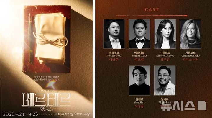 [창원=뉴시스]오는 23일부터 26일까지 서울 예술의전당 오페라극장에서 열리는 국립오페라단 제작 오페라 '베르테르' 공연 포스터와 '베르테르'역 이범주 교수 등 주요 출연진. (자료=국립창원대 제공) 2026.04.22. photo@newsis.com