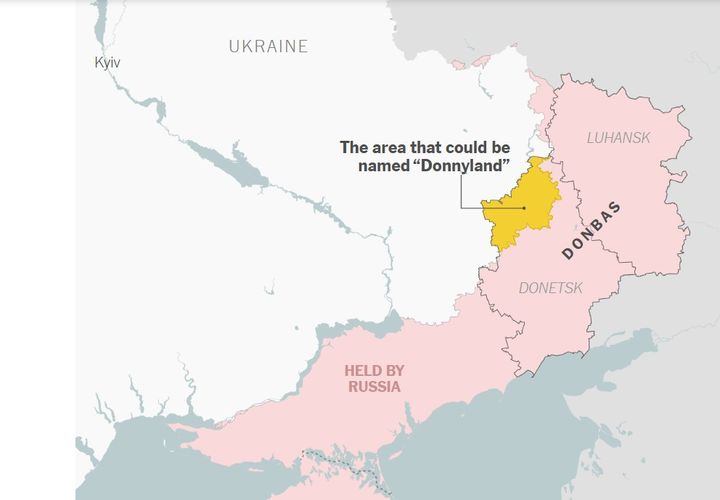 [서울=뉴시스] 우크라이나가 ‘도니랜드’로 이름을 바꿀 것을 제안한 돈바스의 일부 지역. 길이 약 80km, 폭 64km 가량이다.(출처: NYT) 2026.04.22. *재판매 및 DB 금지