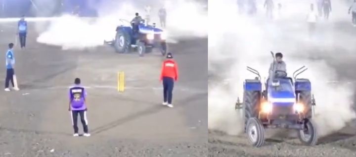 [서울=뉴시스] 인도의 국민 스포츠 '크리켓' 경기 도중 한 남성이 트랙터를 몰고 경기장에 난입하는 일이 벌어졌다. (사진=SNS 갈무리) *재판매 및 DB 금지