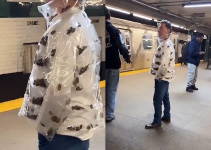 [서울=뉴시스] 한 남성이 뉴욕 지하철에서 살아있는 바퀴벌레를 넣은 투명 패딩 재킷을 입고 있는 영상이 확산되며 누리꾼들의 이목을 끌었다. (사진=X 갈무리) *재판매 및 DB 금지