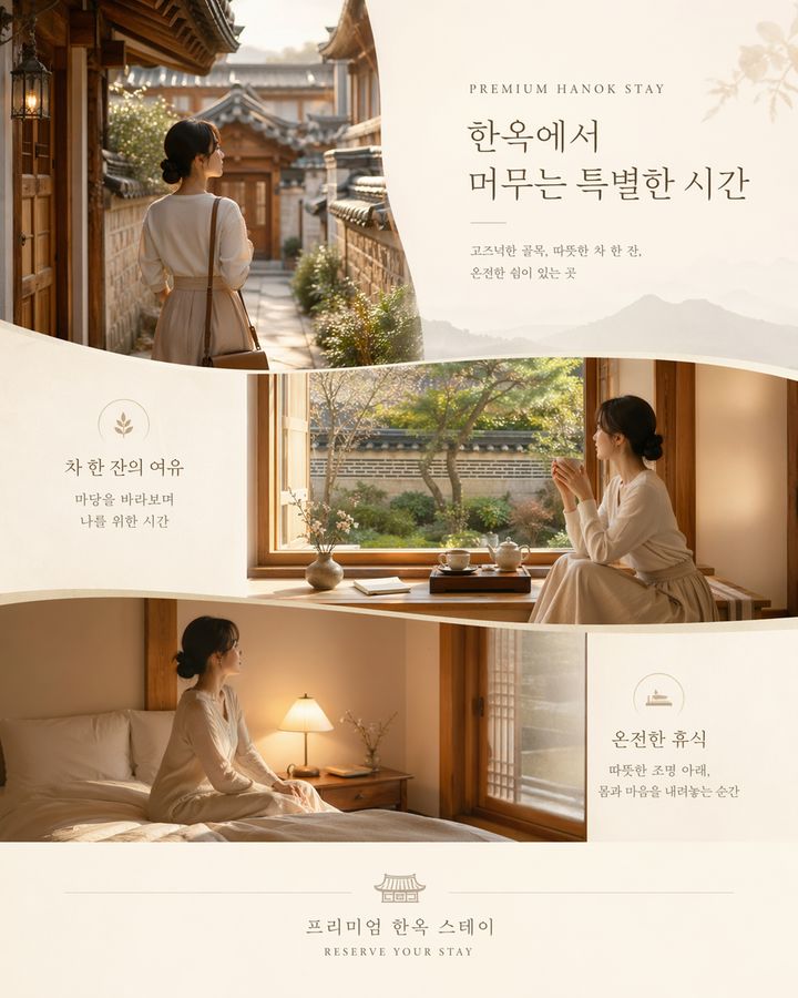 프리미엄 한옥 스테이 예약 유도용 카드 이미지, 고즈넉한 골목을 지나 체크인하는 순간, 마당이 보이는 창가에서 차를 마시는 순간, 따뜻한 조명 아래 객실에서 쉬는 순간의 3장면이 한 화면 안에서 자연스럽게 이어지는 구성, 같은 한국 여성이 반복 등장하며 우아하고 여유로운 여행 분위기, 크림과 우드 톤, 부드러운 자연광, 정갈한 한옥 공간, 저장하고 싶은 프리미엄 여행 카드 무드, 제목과 짧은 라벨, 예약 안내를 얹기 쉬운 여백, 모바일 중심 4:5 비율 (이미지 = 오픈AI가 한국어 프롬프트로 제작한 광고물 예시) *재판매 및 DB 금지