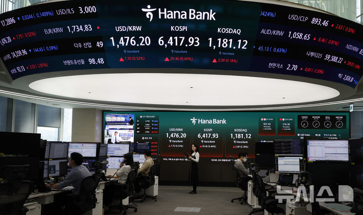 [서울=뉴시스] 김혜진 기자 = 코스피가 전 거래일(6388.47)보다 29.46포인트(0.46%) 상승한 6417.93에 마감한 22일 오후 서울 중구 하나은행 딜링룸 전광판에 지수가 표시 되고 있다. 코스닥 지수는 전 거래일(1179.03)보다 2.09포인트(0.18%) 오른 1181.12에 마쳤다. 원·달러 환율은 전 거래일(1477.2원)보다 7.5원 오른 1476원에 주간 거래를 마감했다. 2026.04.22. jini@newsis.com