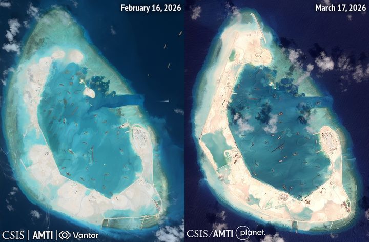 [서울=뉴시스]지난 2월16일(왼쪽)과 3월17일 위성 사진에 중국이 남중국해 안텔로프 암초를 확장 공사하는 모습이 선명하다. (출처=미 전략국제연구소(CSIS)) 2026.4.23. *재판매 및 DB 금지