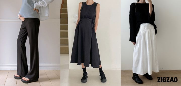 [서울=뉴시스] 소임의 더블치즈 롱다리 부츠컷 슬랙스(왼쪽), 맘누리의 쿠렌즈 스토퍼 원피스, 잇츠밤비의 4계절용 임산부 허리 스모크 맥시 스커트(오른쪽) (사진=카카오스타일 제공) 2026.04.23. photo@newsis.com *재판매 및 DB 금지