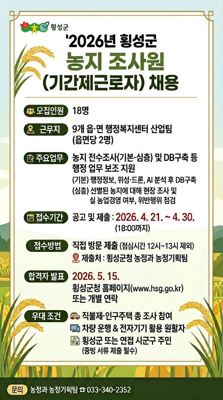 [횡성=뉴시스] 농지 전수조사 기간제 근로자 공채 안내문. (사진=횡성군 제공) 2026.04.23. photo@newsis.com *재판매 및 DB 금지