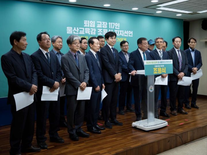 [울산=뉴시스] 울산지역 퇴직교장들이 23일 울산시교육청 프레스센터에서 조용식 예비후보를 지지하는 기자회견을 하고 있다. 2026.04.23. (사진= 조용식 후보측 제공) photo@newsis.com *재판매 및 DB 금지