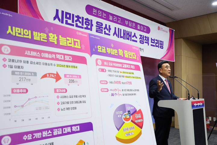 [울산=뉴시스] 김두겸 울산시장이 23일 시청 프레스센터에서 기자회견을 열고 시민 편익을 위한 시내버스 정책에 대해 브리핑을 하고 있다. (사진=울산시 제공) 2026.04.23. photo@newsis.com *재판매 및 DB 금지